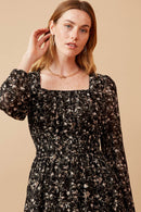 HY6632 BLACK Womens Ditsy Floral Tie Detail Open Back Chiffon Dress Front