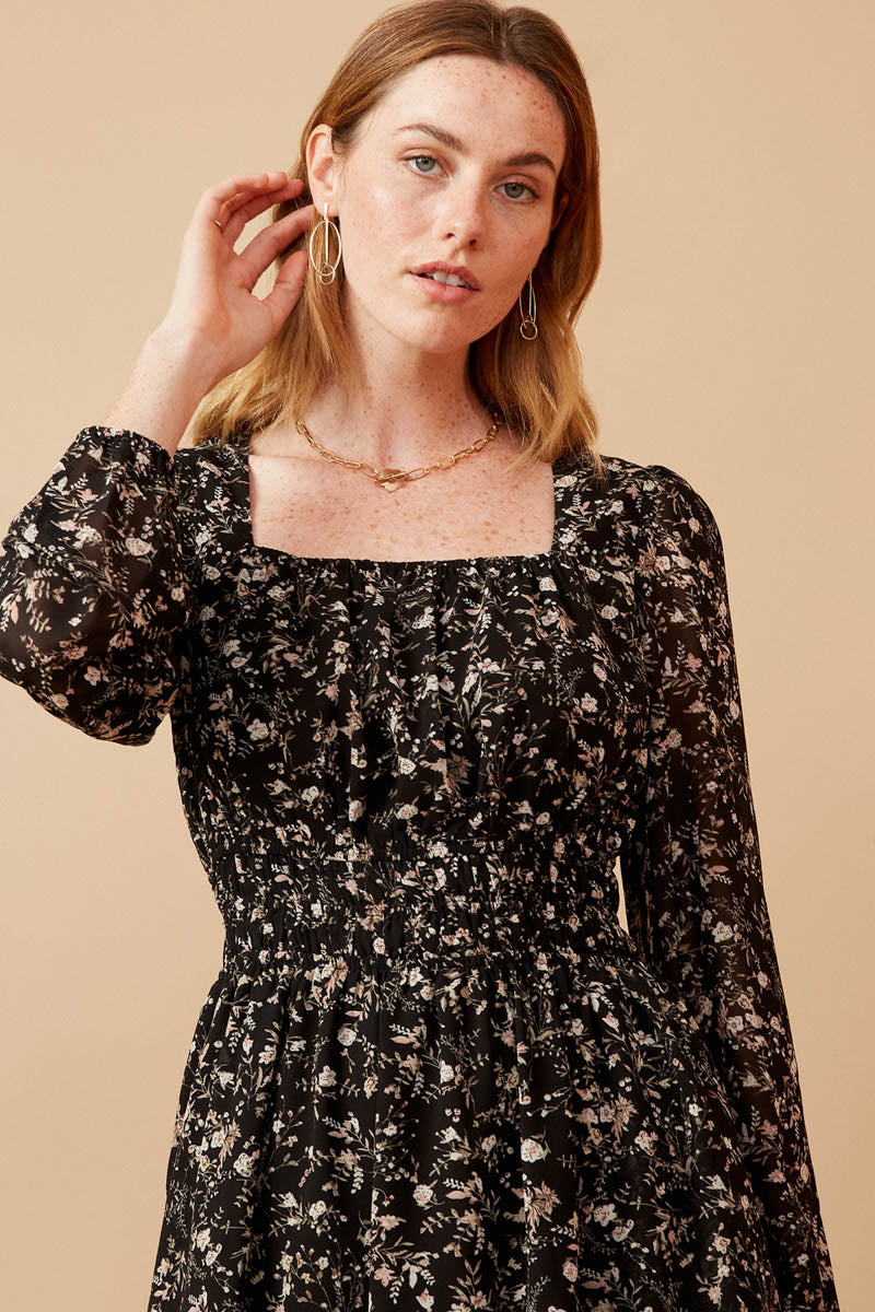 HY6632 BLACK Womens Ditsy Floral Tie Detail Open Back Chiffon Dress Front