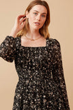 HY6632 BLACK Womens Ditsy Floral Tie Detail Open Back Chiffon Dress Front