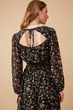 HY6632 BLACK Womens Ditsy Floral Tie Detail Open Back Chiffon Dress Back