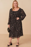 HY6632W Black Plus Ditsy Floral Tie Detail Open Back Chiffon Dress Full Body