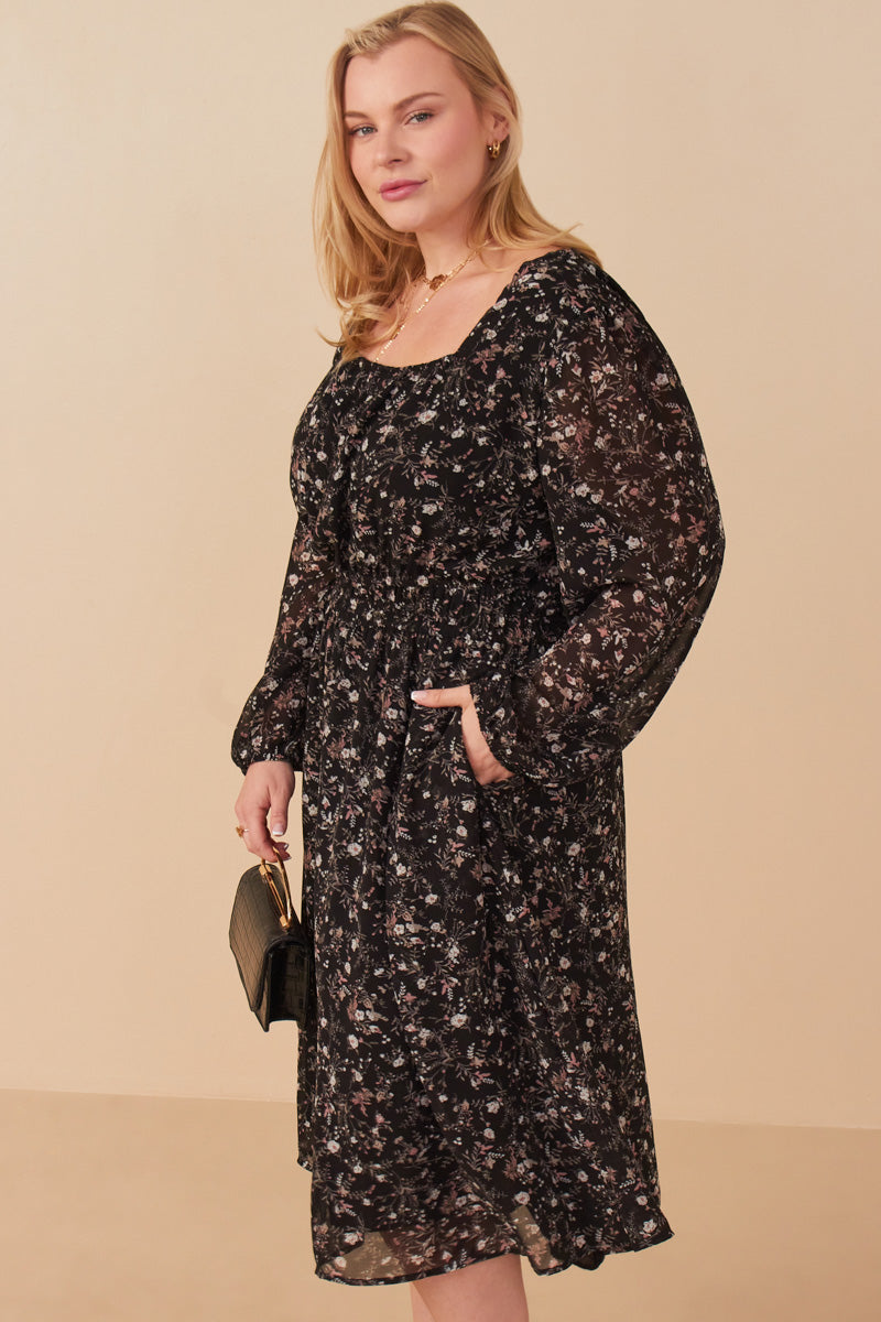 HY6632W Black Plus Ditsy Floral Tie Detail Open Back Chiffon Dress Side