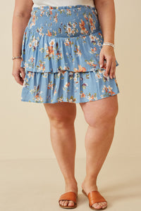 HY6660W BLUE Plus Floral Tiered Dress With Smocked Panel Waist Front