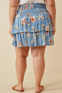 HY6660W BLUE Plus Floral Tiered Dress With Smocked Panel Waist Back