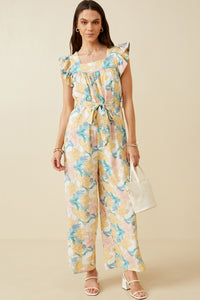 HY6668 Off White Womens Romantic Floral Ruffle Detail Wideleg Jumpsuit Full Body
