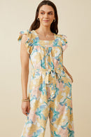 HY6668W Off White Plus Romantic Floral Ruffle Detail Wideleg Jumpsuit Editorial
