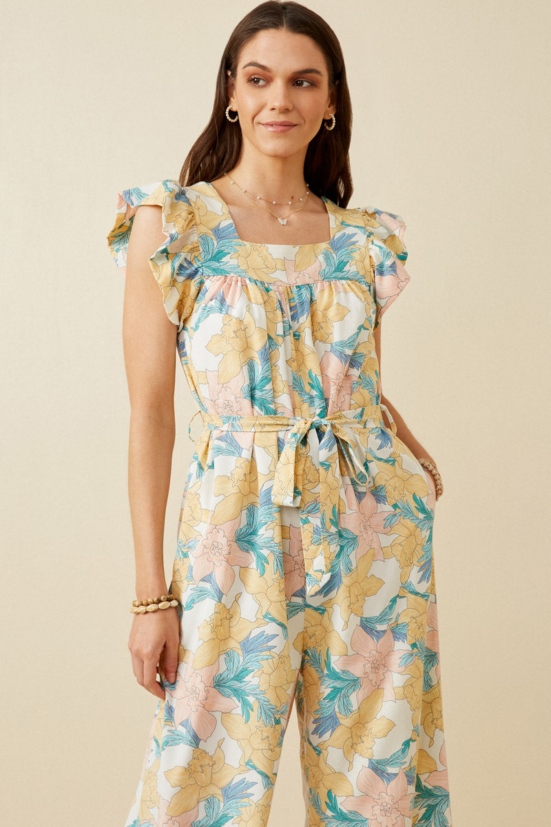 HY6668W Off White Plus Romantic Floral Ruffle Detail Wideleg Jumpsuit Editorial