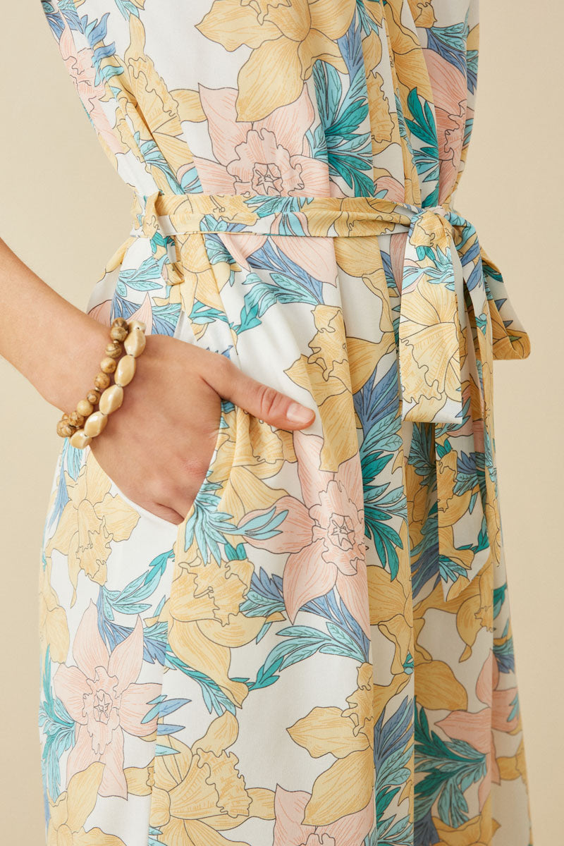 HY6668 Off White Plus Romantic Floral Ruffle Detail Wideleg Jumpsuit Full Body