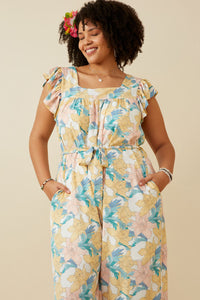 HY6668 Off White Plus Romantic Floral Ruffle Detail Wideleg Jumpsuit Full Body