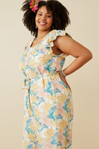 HY6668 Off White Womens Romantic Floral Ruffle Detail Wideleg Jumpsuit Side