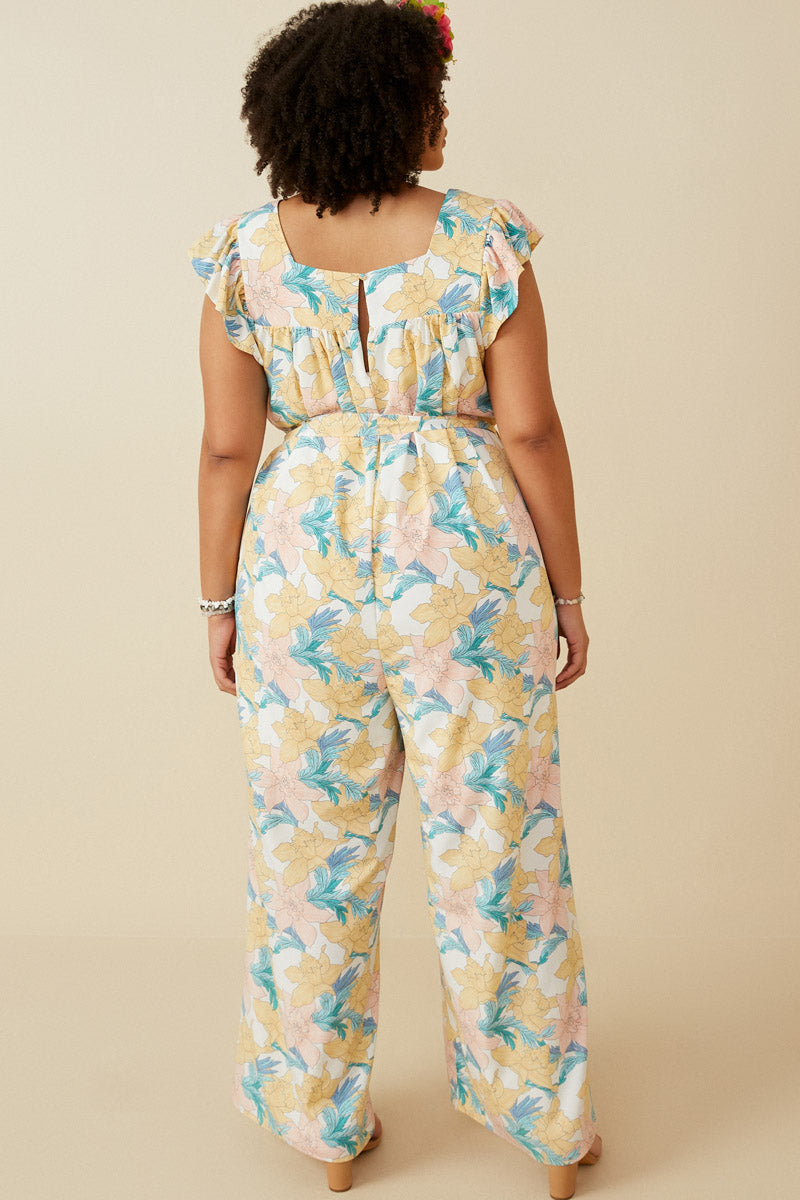 HY6668 Off White Womens Romantic Floral Ruffle Detail Wideleg Jumpsuit Back