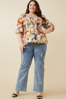 HY6670 RUST Womens Textured Floral Smocked Square Neck Peplum Front