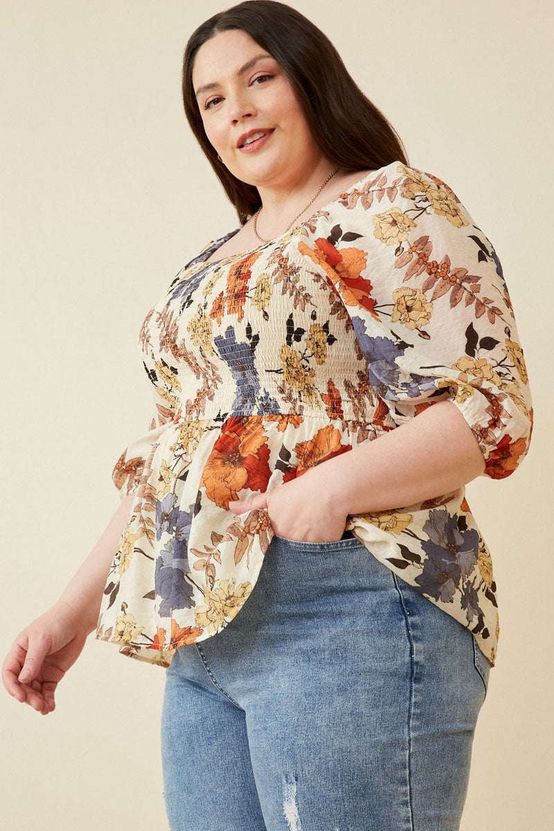 HY6670W RUST MIX MIX Plus Textured Floral Smocked Square Neck Peplum Pose