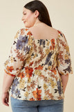 HY6670 RUST Womens Textured Floral Smocked Square Neck Peplum Full Body