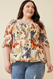 HY6670 RUST Womens Textured Floral Smocked Square Neck Peplum Side