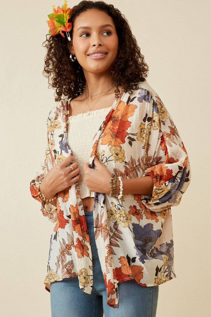 Textured Floral 3/4 Sleeve Open Kimono