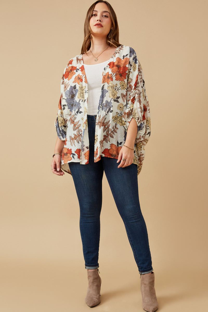 HY6671 Rust Mix Womens Textured Floral 3/4 Sleeve Open Kimono Back