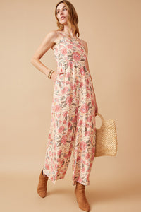 HY6680 Blush Womens Romantic Floral Smocked Wide leg Jumpsuit Full Body