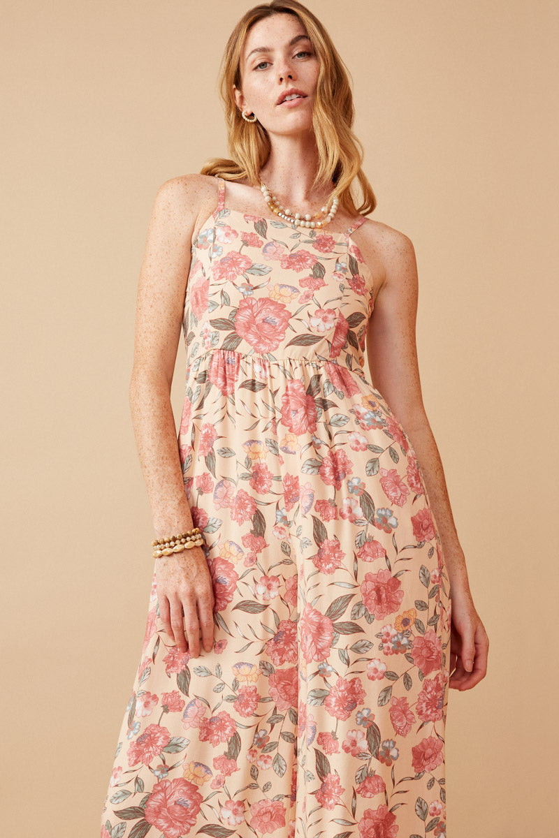 HY6680W Blush Plus Romantic Floral Smocked Wide leg Jumpsuit Gif