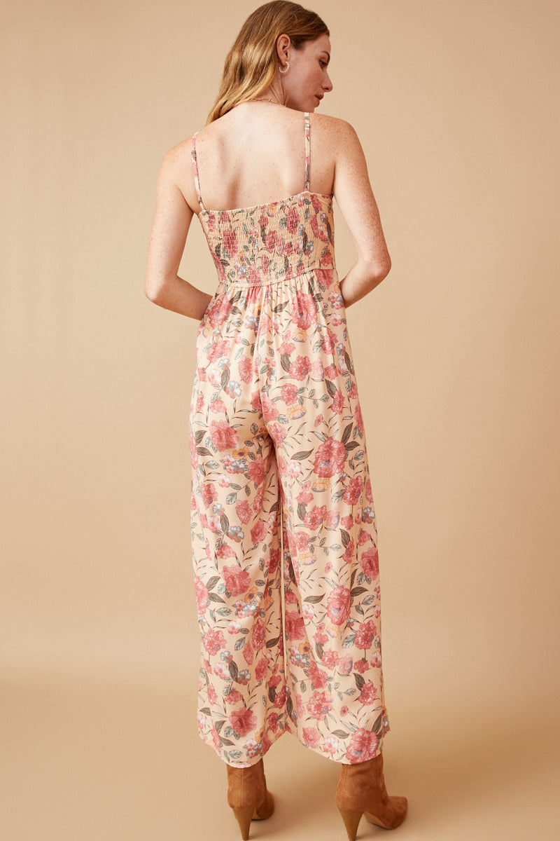 HY6680W Blush Plus Romantic Floral Smocked Wide leg Jumpsuit Front