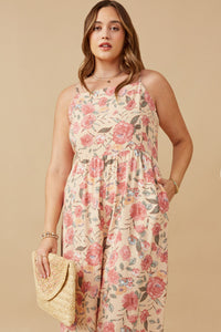 HY6680W Blush Plus Romantic Floral Smocked Wide leg Jumpsuit Full Body