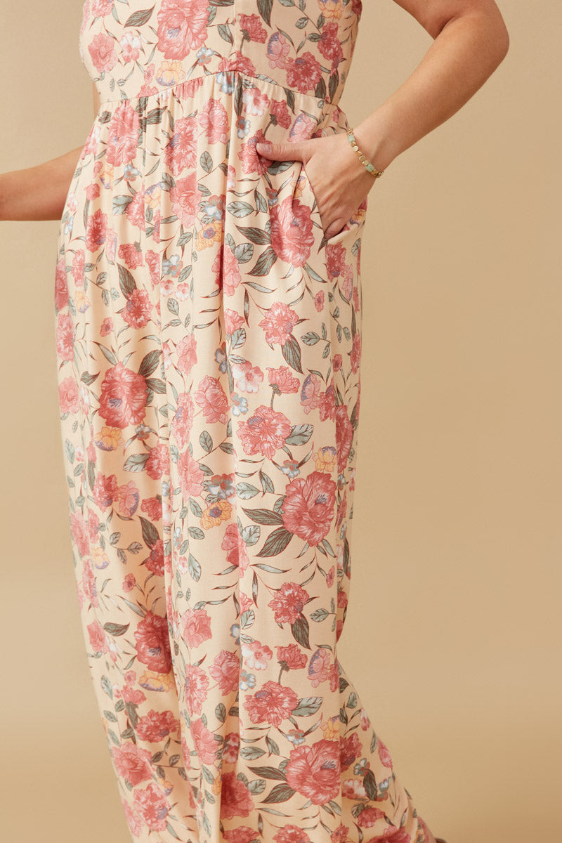 HY6680 Blush Womens Romantic Floral Smocked Wide leg Jumpsuit Alternate Angle