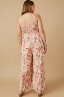 HY6680 Blush Womens Romantic Floral Smocked Wide leg Jumpsuit Front