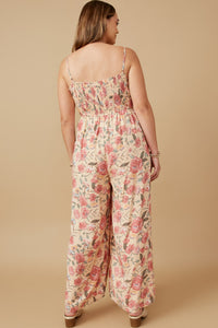 HY6680 Blush Womens Romantic Floral Smocked Wide leg Jumpsuit Front