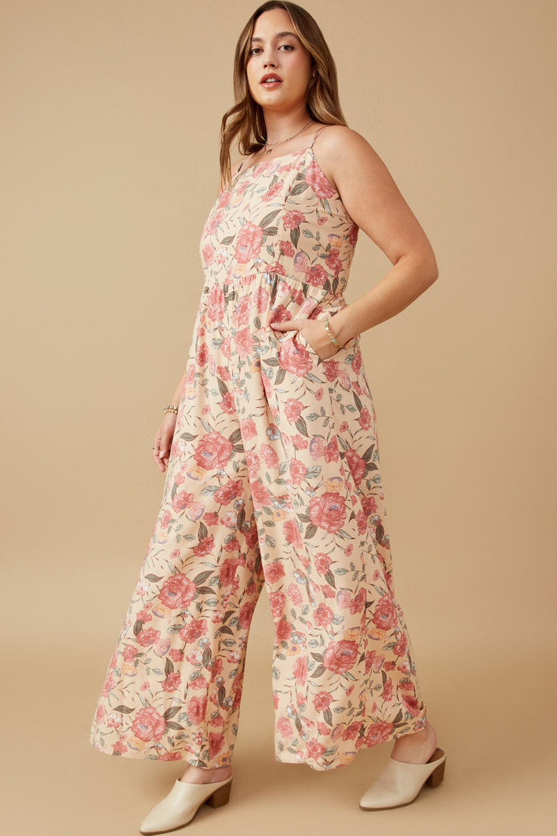 HY6680 Blush Womens Romantic Floral Smocked Wide leg Jumpsuit Back