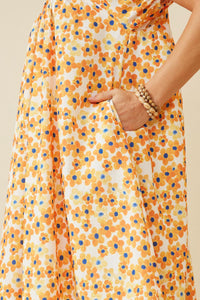 HY6685 YELLOW Women Floral Tie Detail Short Sleeve Dress Gif