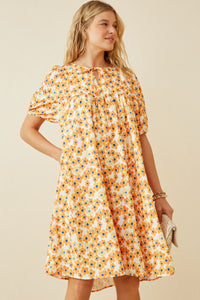 HY6685 YELLOW Women Floral Tie Detail Short Sleeve Dress Detail
