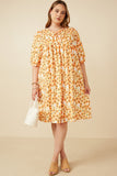 HY6685 YELLOW Women Floral Tie Detail Short Sleeve Dress Full Body