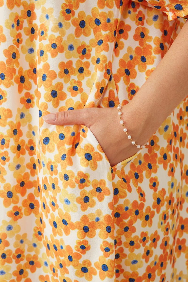 HY6685 YELLOW Women Floral Tie Detail Short Sleeve Dress Gif