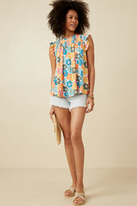 HY6700 Pink Mix Womens Floral Smocked Ruffle Detail Tank Gif