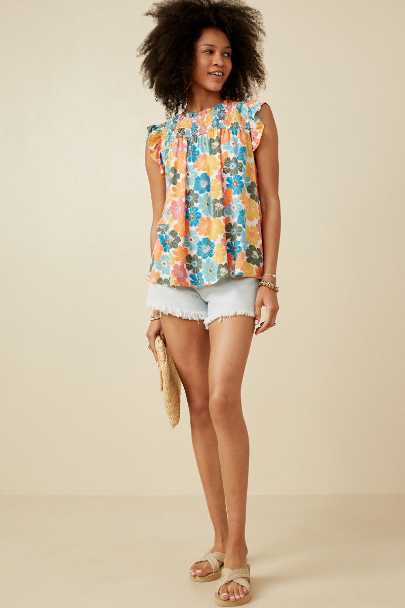 HY6700 Pink Mix Womens Floral Smocked Ruffle Detail Tank Gif