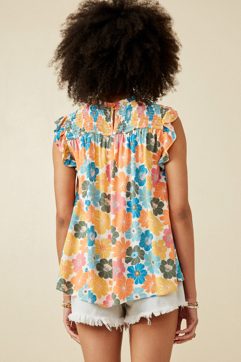 HY6700 Pink Mix Womens Floral Smocked Ruffle Detail Tank Side