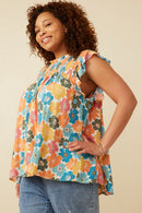 HY6700W Pink Mix Plus Floral Smocked Ruffle Detail Tank Gif