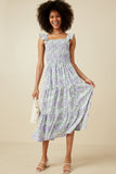 HY6715 Sage Womens Floral Ruffle Strap Ribbon Back Smocked Dress Full Body