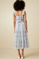 HY6715 Sage Womens Floral Ruffle Strap Ribbon Back Smocked Dress Back