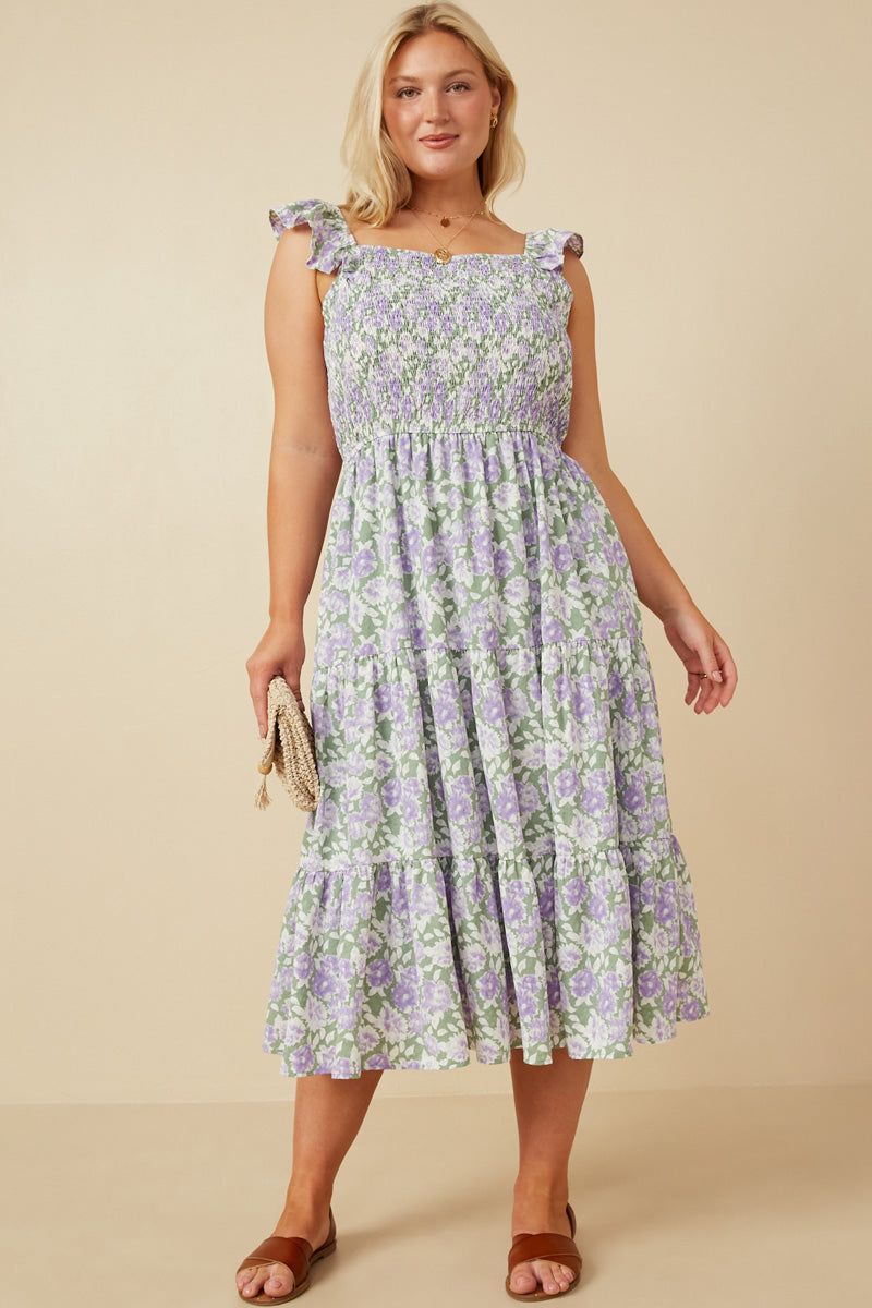 Floral Ruffle Strap Ribbon Back Smocked Dress