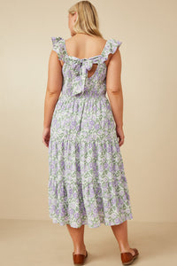 HY6715W Sage Womens Floral Ruffle Strap Ribbon Back Smocked Dress Detail