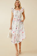 HY6724 Off White Womens Faint Floral Ruffled Shoulder Midi Dress Front