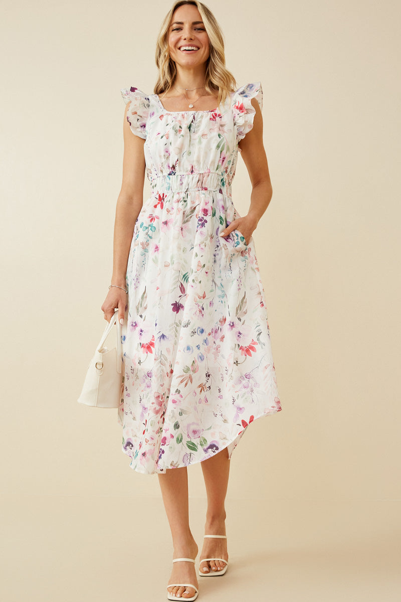 Faint Floral Ruffled Shoulder Midi Dress