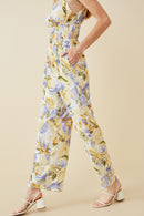 HY6727W Blue Womens Tropical Print Smock Waist Wide Strap Jumpsuit Side