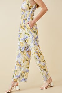 HY6727W Blue Womens Tropical Print Smock Waist Wide Strap Jumpsuit Side