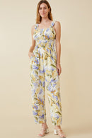 HY6727W Blue Womens Tropical Print Smock Waist Wide Strap Jumpsuit Back