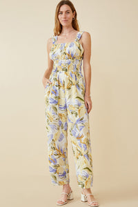 HY6727W Blue Womens Tropical Print Smock Waist Wide Strap Jumpsuit Back