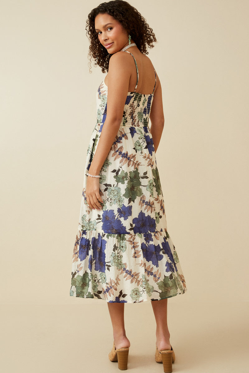 HY6730W BLUE MIX Plus Floral Smocked Back Tank Dress Full Body