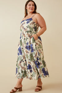 HY6730W BLUE MIX Plus Floral Smocked Back Tank Dress Front