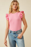 HY6738W Pink Plus Layered Ruffle Mix Media Ribbed Knit Tank Front